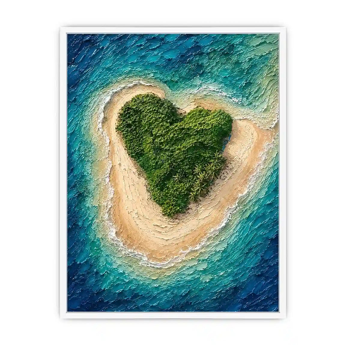 Textured aerial artwork of a lush heart-shaped tropical island surrounded by turquoise ocean waves