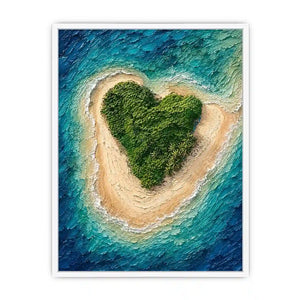 Textured aerial artwork of a lush heart-shaped tropical island surrounded by turquoise ocean waves