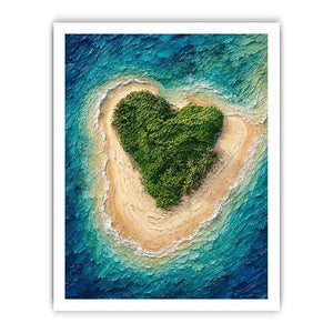 Textured aerial artwork of a lush heart-shaped tropical island surrounded by turquoise ocean waves