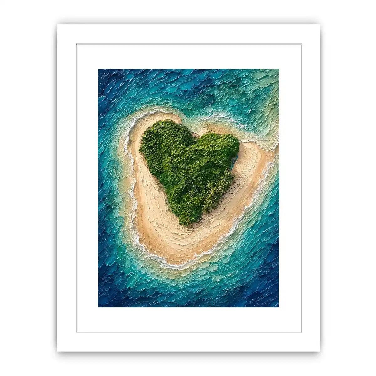 Textured aerial artwork of a lush heart-shaped tropical island surrounded by turquoise ocean waves