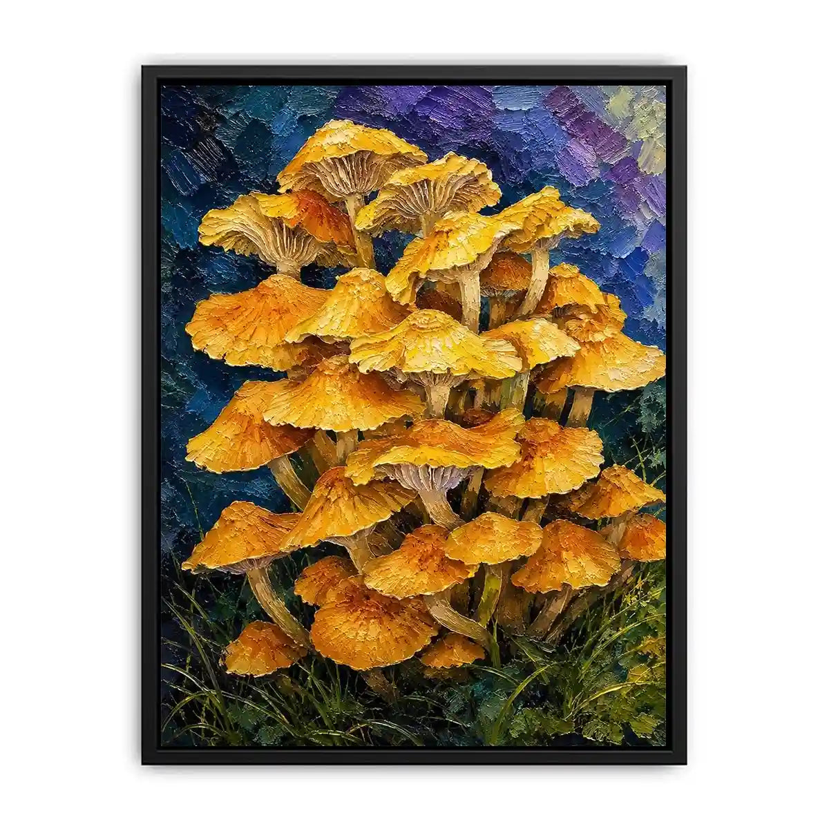 Textured woodland artwork featuring vibrant golden mushrooms growing in a lush fantasy forest setting