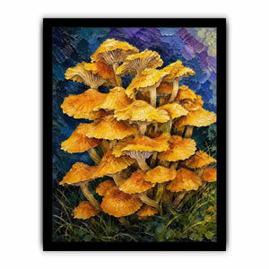 Textured woodland artwork featuring vibrant golden mushrooms growing in a lush fantasy forest setting