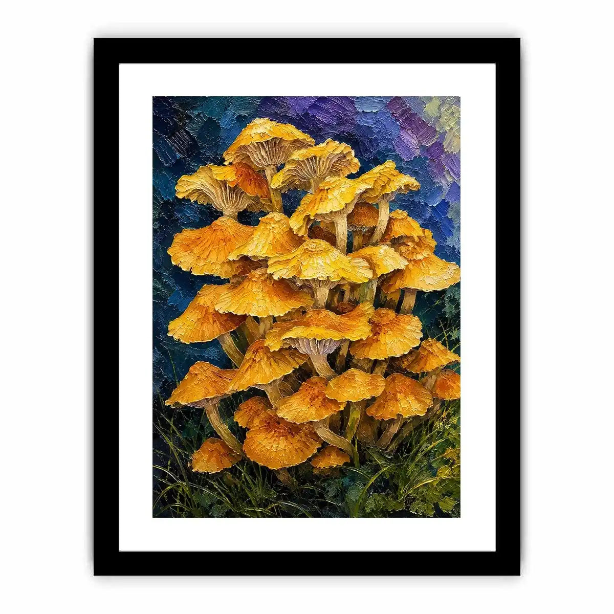 Textured woodland artwork featuring vibrant golden mushrooms growing in a lush fantasy forest setting