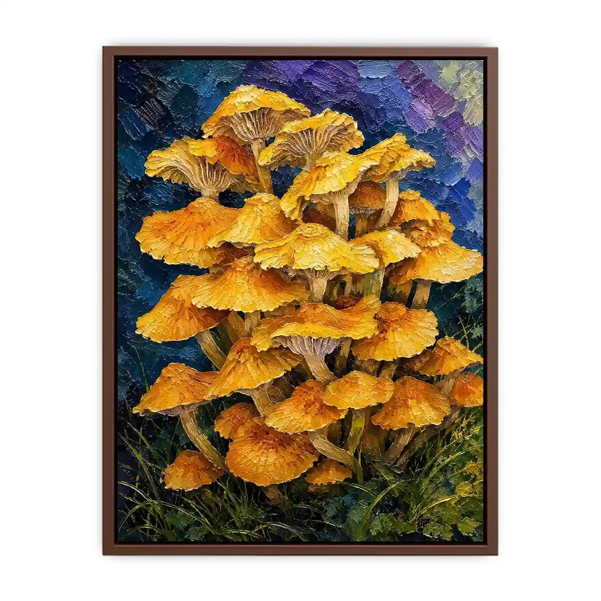 Textured woodland artwork featuring vibrant golden mushrooms growing in a lush fantasy forest setting