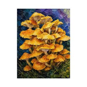 Textured woodland artwork featuring vibrant golden mushrooms growing in a lush fantasy forest setting