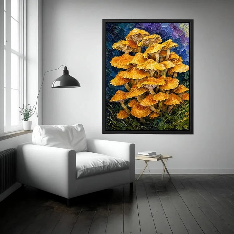 Textured woodland artwork featuring vibrant golden mushrooms growing in a lush fantasy forest setting