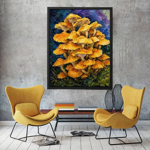 Textured woodland artwork featuring vibrant golden mushrooms growing in a lush fantasy forest setting