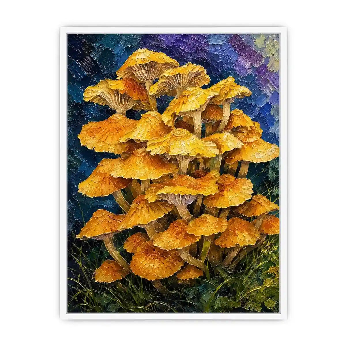 Textured woodland artwork featuring vibrant golden mushrooms growing in a lush fantasy forest setting