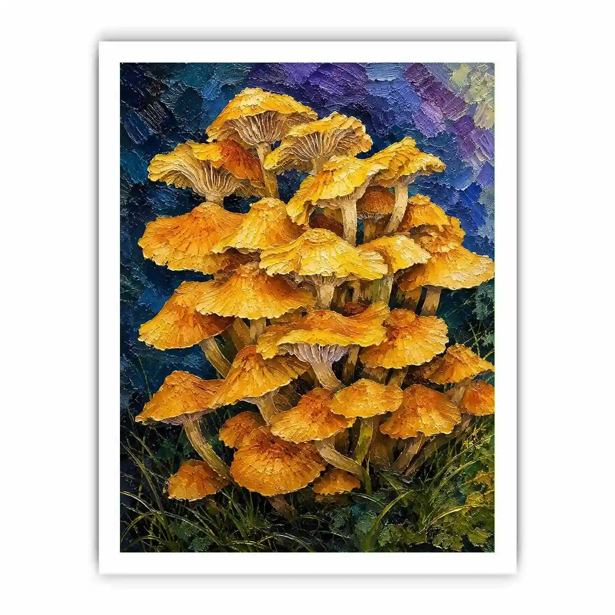 Textured woodland artwork featuring vibrant golden mushrooms growing in a lush fantasy forest setting