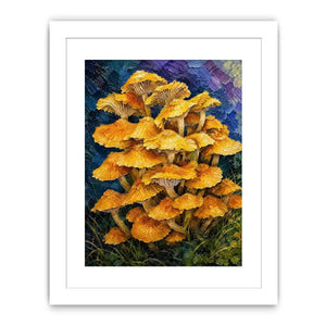 Textured woodland artwork featuring vibrant golden mushrooms growing in a lush fantasy forest setting