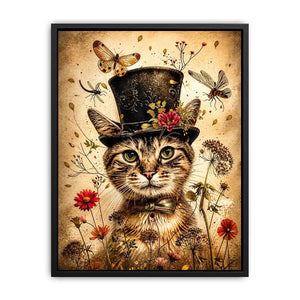 Vintage cat portrait wall art canvas with top hat, flowers, and insects, whimsical botanical decor for living room or bedroom