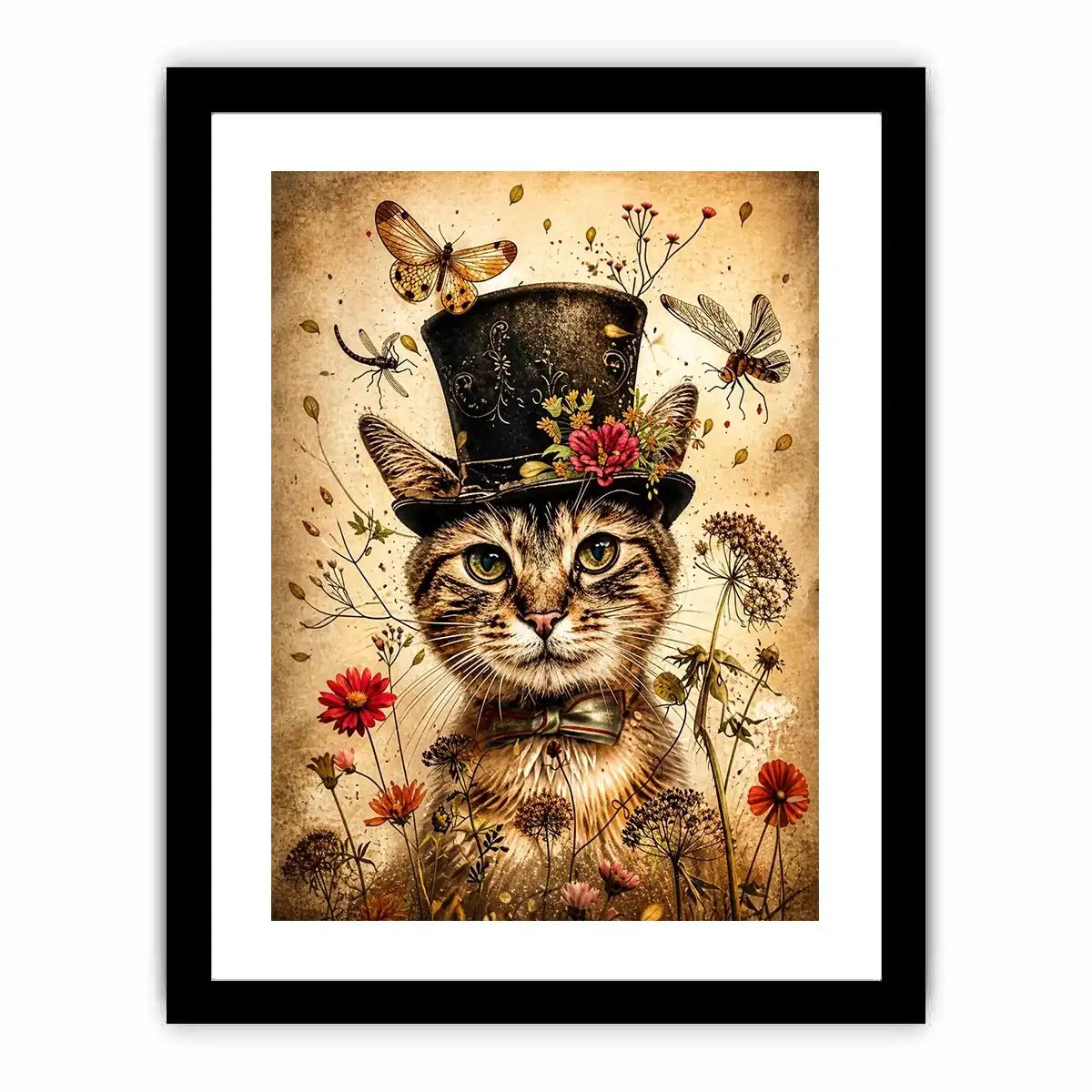 Vintage cat portrait wall art canvas with top hat, flowers, and insects, whimsical botanical decor for living room or bedroom
