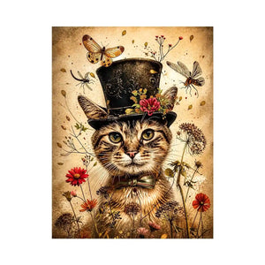 Vintage cat portrait wall art canvas with top hat, flowers, and insects, whimsical botanical decor for living room or bedroom