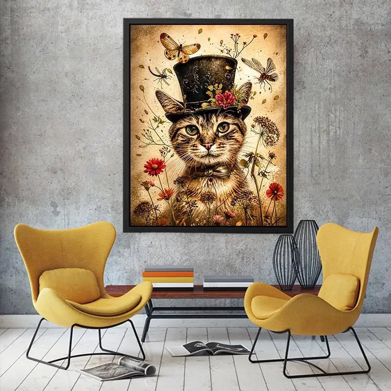 Vintage cat portrait wall art canvas with top hat, flowers, and insects, whimsical botanical decor for living room or bedroom