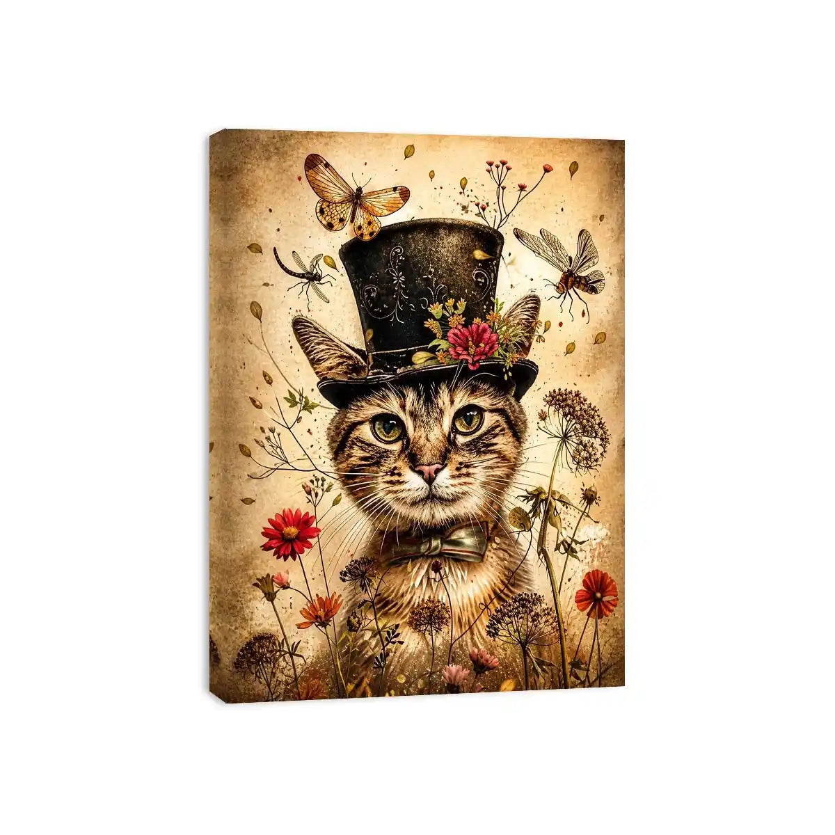 Vintage cat portrait wall art canvas with top hat, flowers, and insects, whimsical botanical decor for living room or bedroom