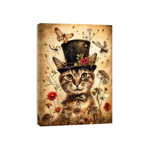 Vintage cat portrait wall art canvas with top hat, flowers, and insects, whimsical botanical decor for living room or bedroom