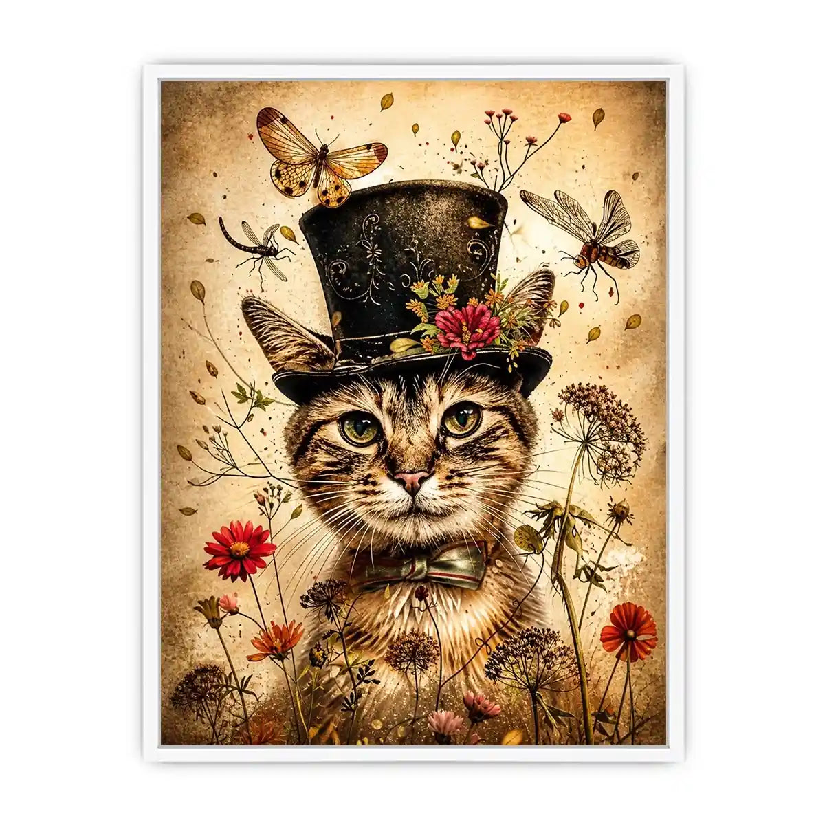 Vintage cat portrait wall art canvas with top hat, flowers, and insects, whimsical botanical decor for living room or bedroom