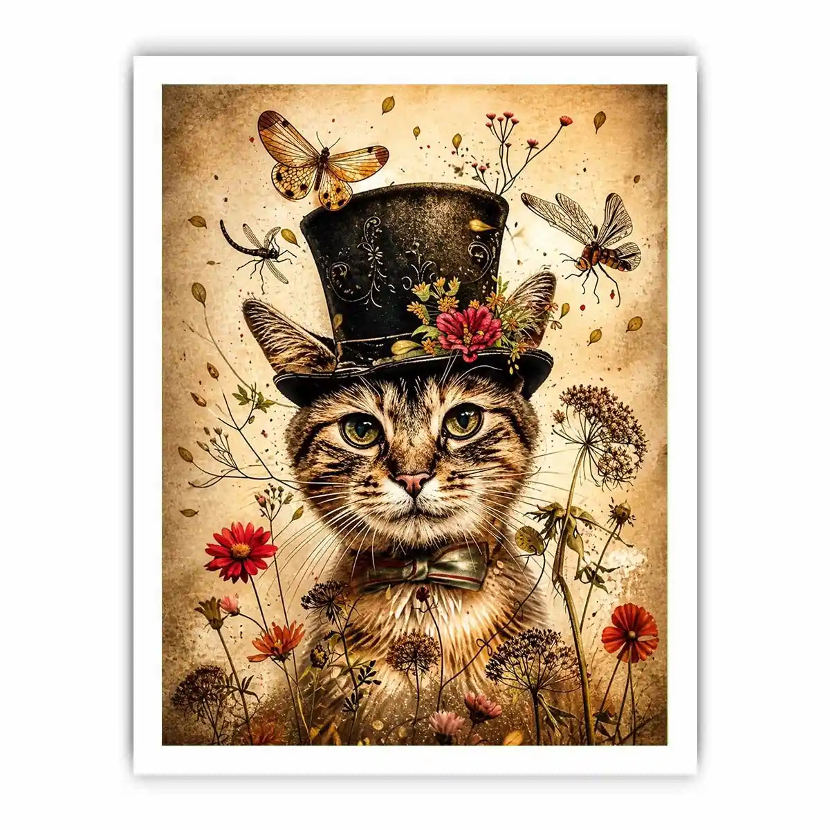 Vintage cat portrait wall art canvas with top hat, flowers, and insects, whimsical botanical decor for living room or bedroom