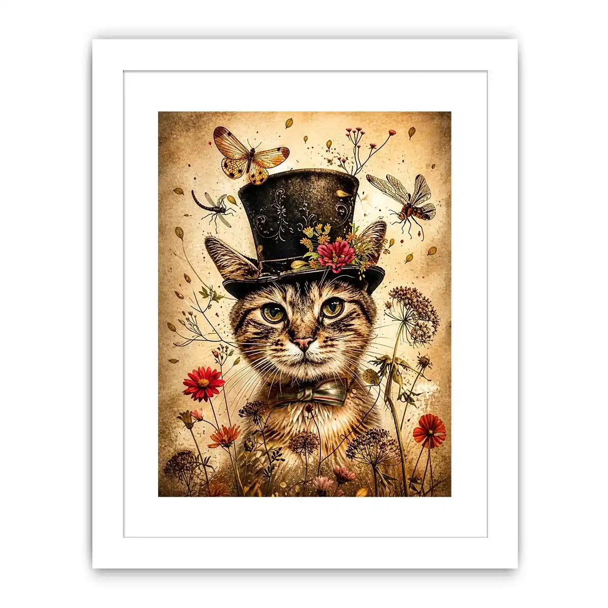 Vintage cat portrait wall art canvas with top hat, flowers, and insects, whimsical botanical decor for living room or bedroom