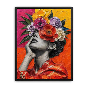 Textured contemporary portrait artwork featuring a monochrome woman with vibrant floral headpiece and bold colorful background