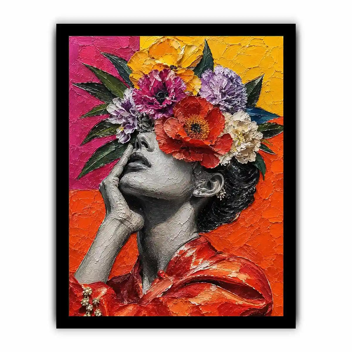 Textured contemporary portrait artwork featuring a monochrome woman with vibrant floral headpiece and bold colorful background