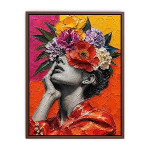 Textured contemporary portrait artwork featuring a monochrome woman with vibrant floral headpiece and bold colorful background