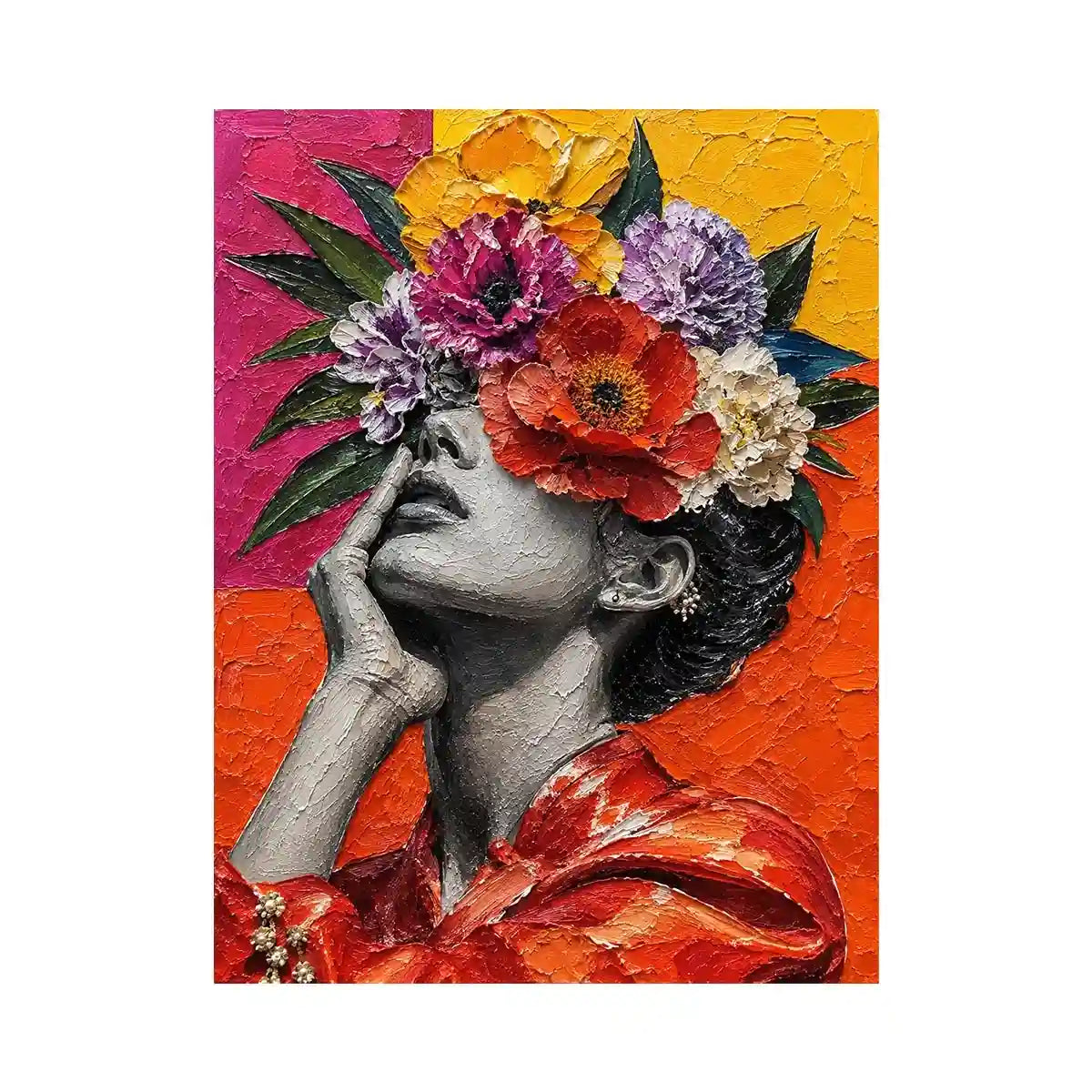 Textured contemporary portrait artwork featuring a monochrome woman with vibrant floral headpiece and bold colorful background