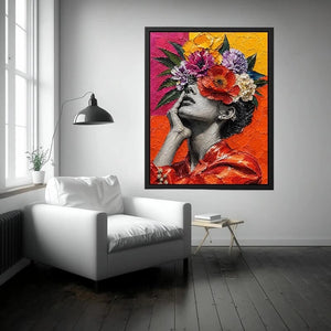 Textured contemporary portrait artwork featuring a monochrome woman with vibrant floral headpiece and bold colorful background