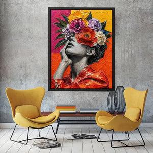 Textured contemporary portrait artwork featuring a monochrome woman with vibrant floral headpiece and bold colorful background