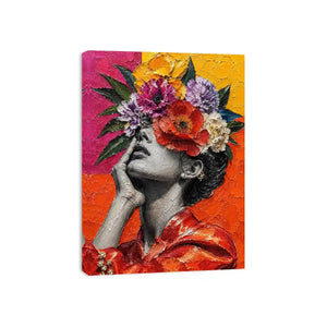 Textured contemporary portrait artwork featuring a monochrome woman with vibrant floral headpiece and bold colorful background