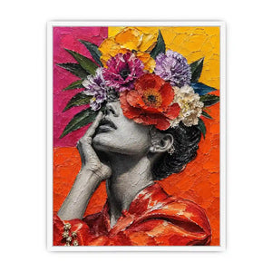 Textured contemporary portrait artwork featuring a monochrome woman with vibrant floral headpiece and bold colorful background