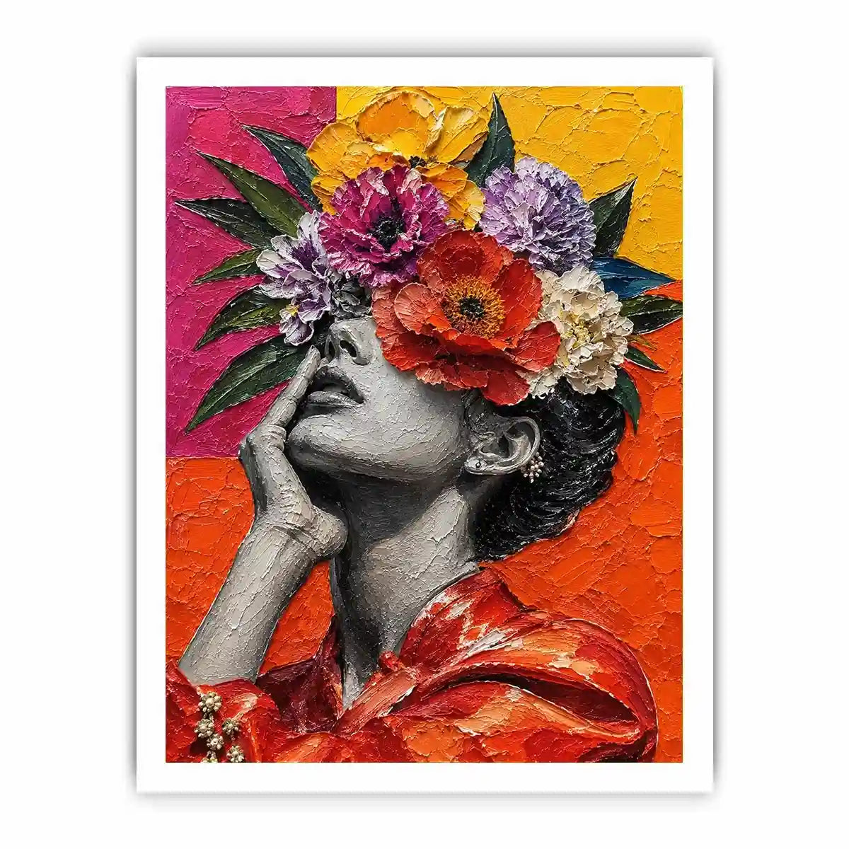 Textured contemporary portrait artwork featuring a monochrome woman with vibrant floral headpiece and bold colorful background