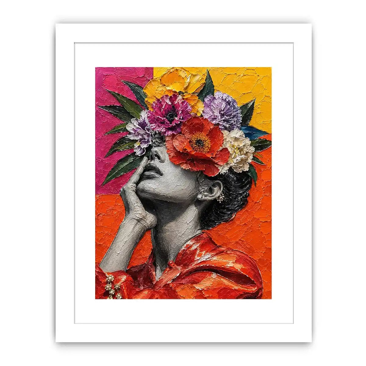 Textured contemporary portrait artwork featuring a monochrome woman with vibrant floral headpiece and bold colorful background