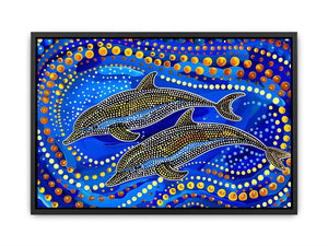 Blue and gold dolphin dot art painting featuring two dolphins swimming through vibrant abstract ocean waves