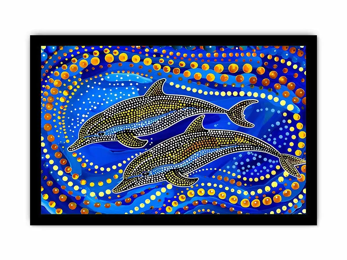 Blue and gold dolphin dot art painting featuring two dolphins swimming through vibrant abstract ocean waves