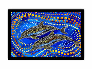 Blue and gold dolphin dot art painting featuring two dolphins swimming through vibrant abstract ocean waves