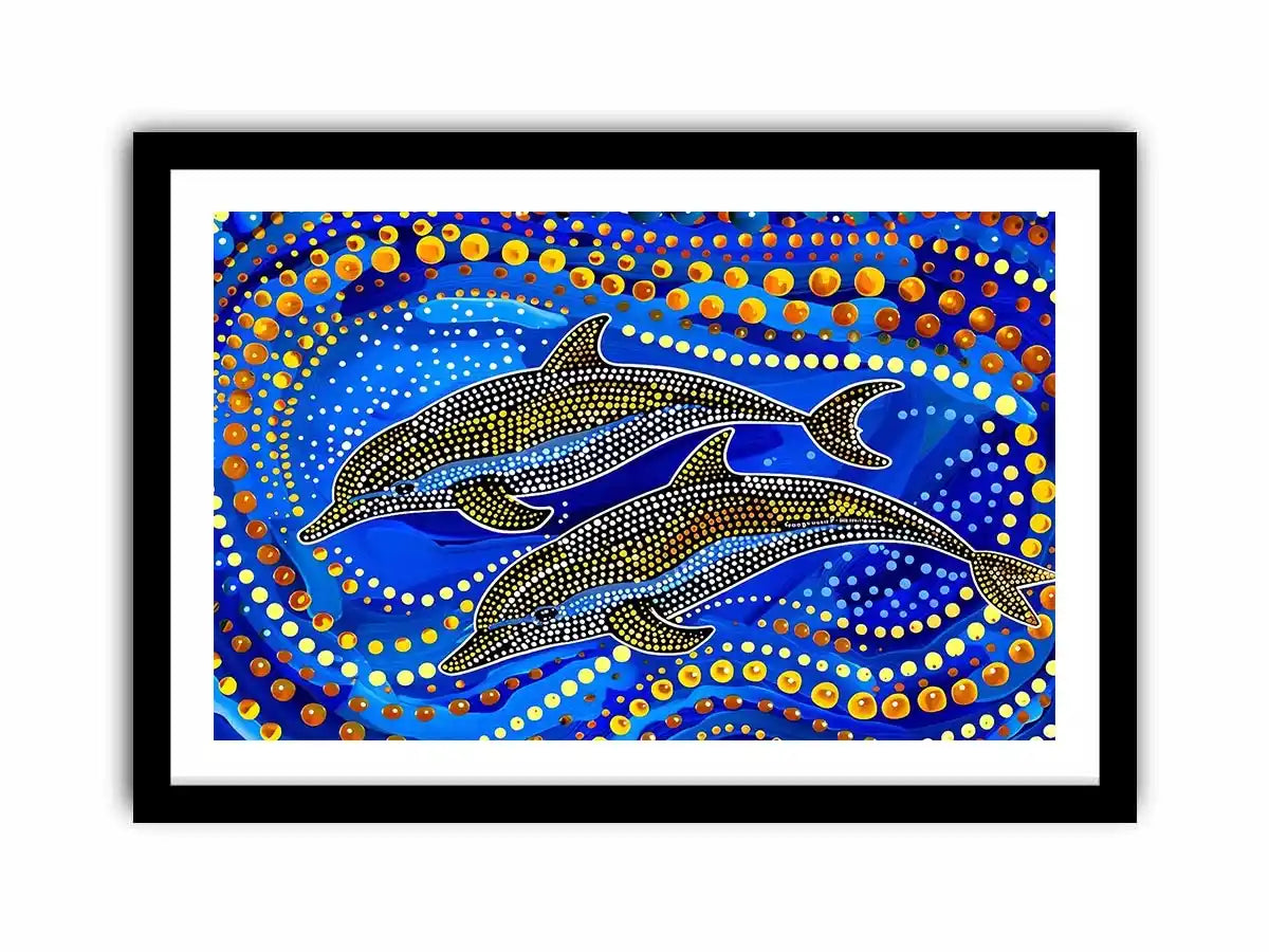 Blue and gold dolphin dot art painting featuring two dolphins swimming through vibrant abstract ocean waves