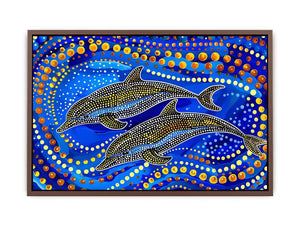 Blue and gold dolphin dot art painting featuring two dolphins swimming through vibrant abstract ocean waves