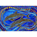 Blue and gold dolphin dot art painting featuring two dolphins swimming through vibrant abstract ocean waves
