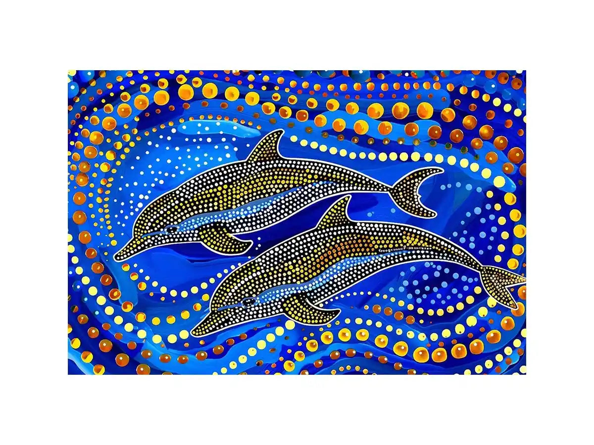 Blue and gold dolphin dot art painting featuring two dolphins swimming through vibrant abstract ocean waves