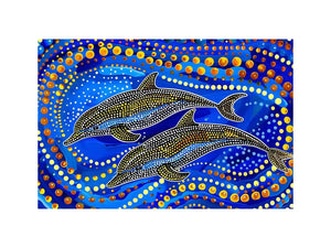 Blue and gold dolphin dot art painting featuring two dolphins swimming through vibrant abstract ocean waves