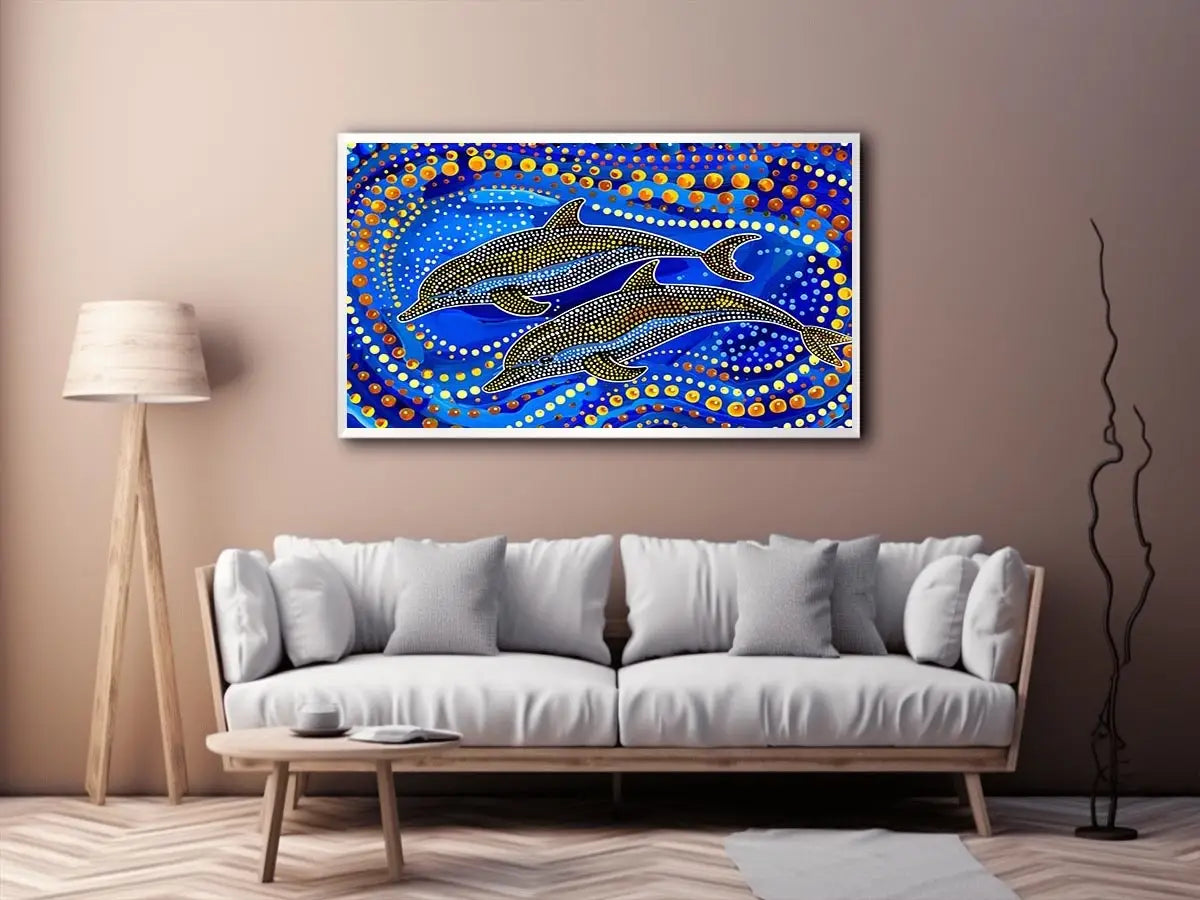 Blue and gold dolphin dot art painting featuring two dolphins swimming through vibrant abstract ocean waves