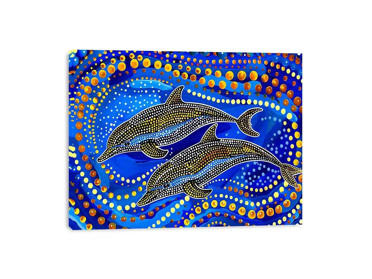 Blue and gold dolphin dot art painting featuring two dolphins swimming through vibrant abstract ocean waves