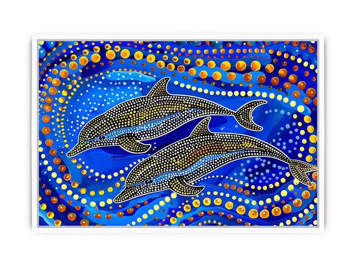 Blue and gold dolphin dot art painting featuring two dolphins swimming through vibrant abstract ocean waves