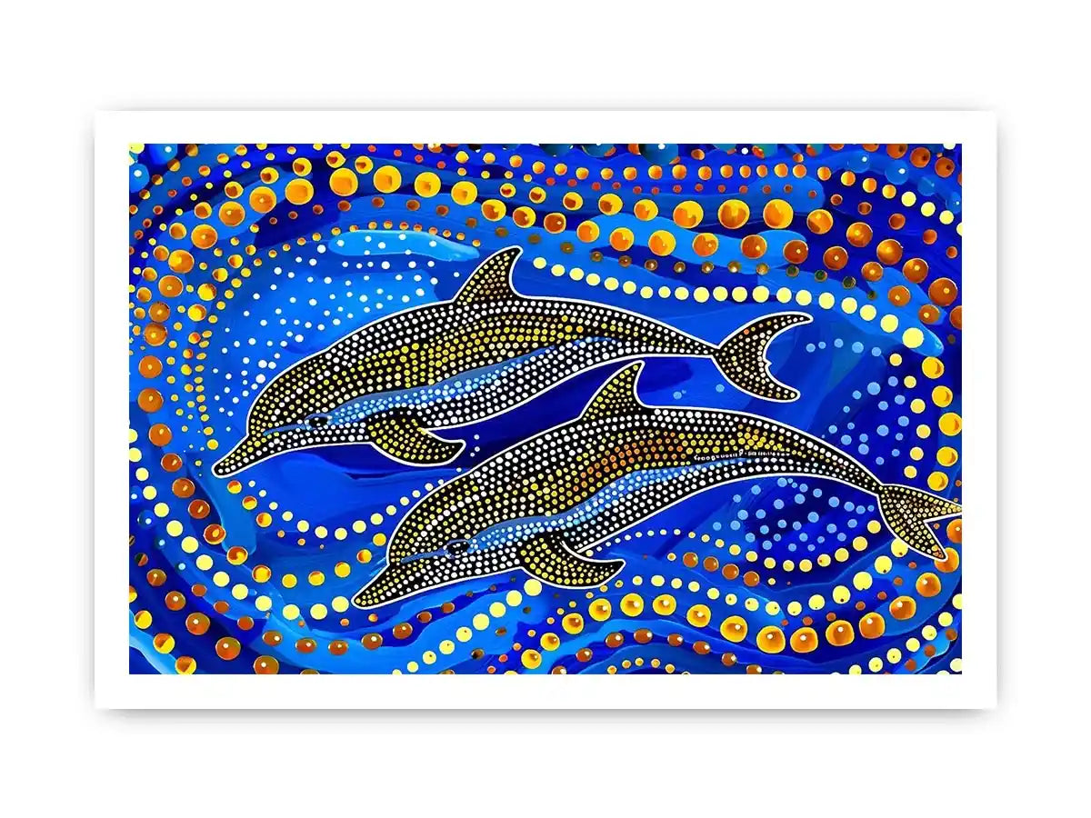 Blue and gold dolphin dot art painting featuring two dolphins swimming through vibrant abstract ocean waves