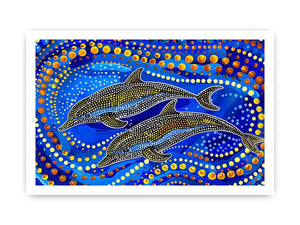 Blue and gold dolphin dot art painting featuring two dolphins swimming through vibrant abstract ocean waves