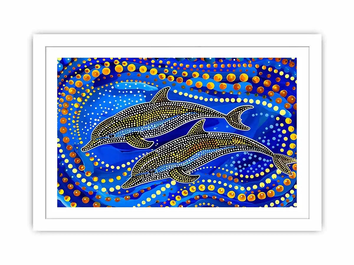 Blue and gold dolphin dot art painting featuring two dolphins swimming through vibrant abstract ocean waves