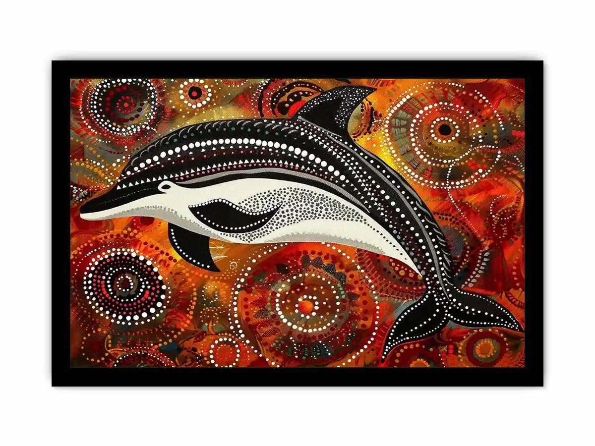 Indigenous-inspired dolphin dot painting with earthy orange and red circular patterns and abstract ocean symbolism