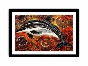 Indigenous-inspired dolphin dot painting with earthy orange and red circular patterns and abstract ocean symbolism