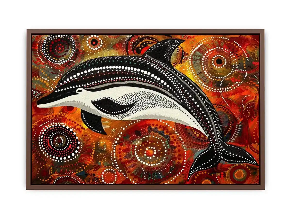 Indigenous-inspired dolphin dot painting with earthy orange and red circular patterns and abstract ocean symbolism